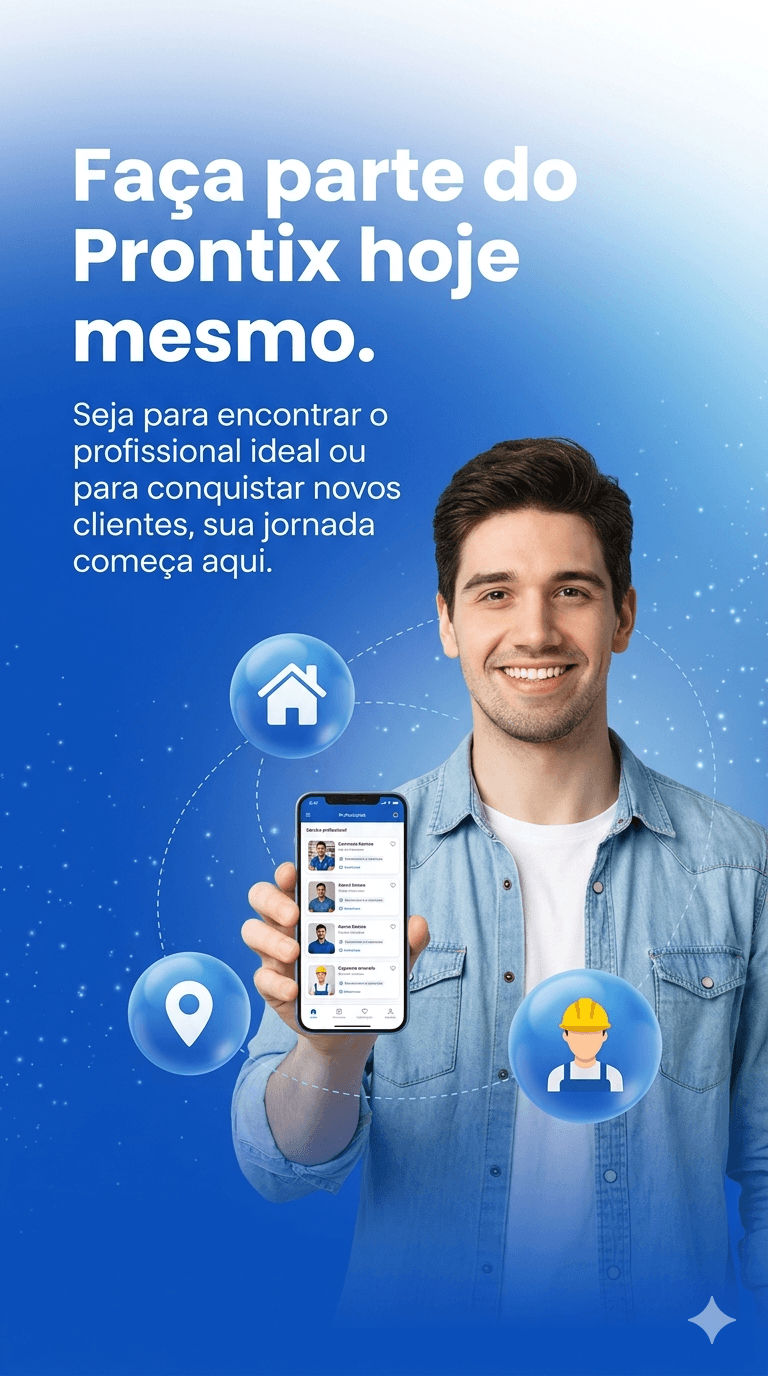 Faça parte do Prontix hoje mesmo. Seja para encontrar o profissional ideal ou para conquistar novos clientes, sua jornada começa aqui.